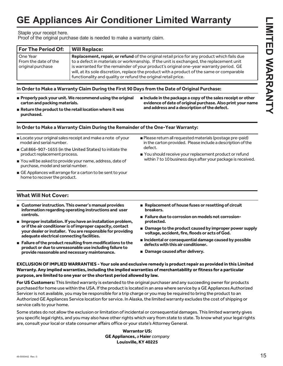 Limited w arranty, Ge appliances air conditioner limited warranty | GE 5,000 BTU Window Air Conditioner Owners Guide User Manual | Page 15 / 32