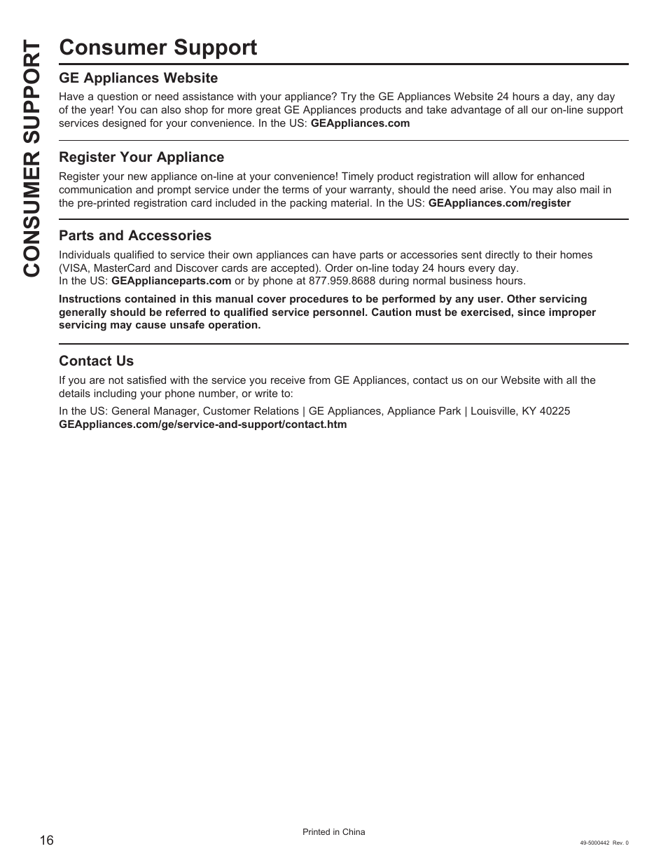 Consumer support consumer support, Ge appliances website, Register your appliance | Parts and accessories, Contact us | GE 5,000 BTU Window Air Conditioner Owners Guide User Manual | Page 16 / 32