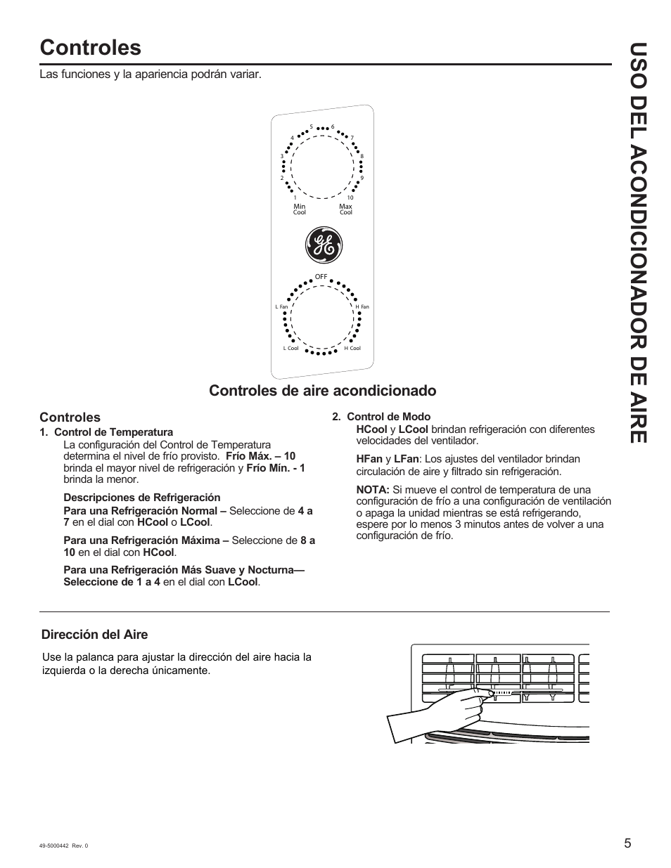 Uso del acondicionador de aire controles, Controles de aire acondicionado, Controles | Dirección del aire | GE 5,000 BTU Window Air Conditioner Owners Guide User Manual | Page 21 / 32