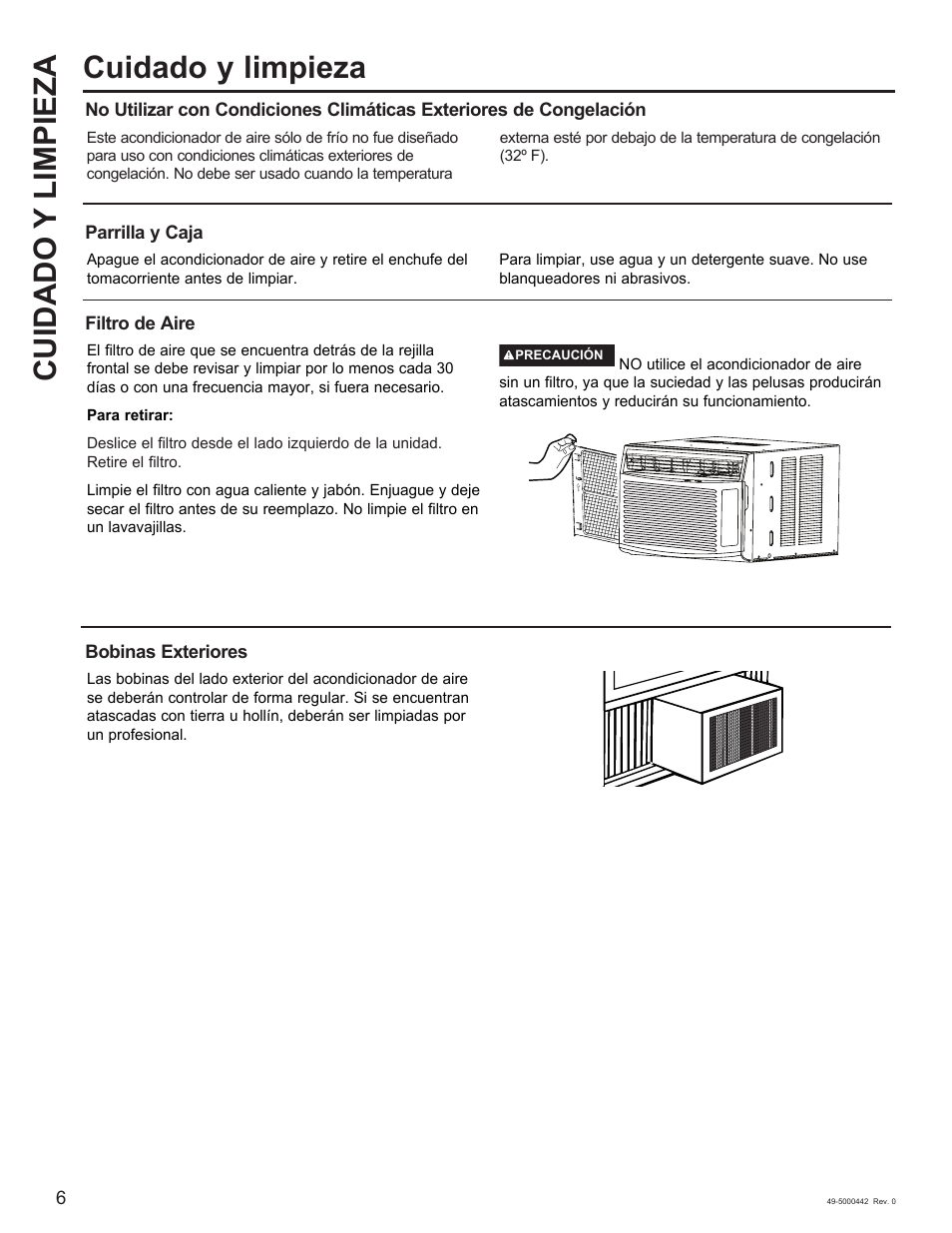 Cuidado y limpieza | GE 5,000 BTU Window Air Conditioner Owners Guide User Manual | Page 22 / 32