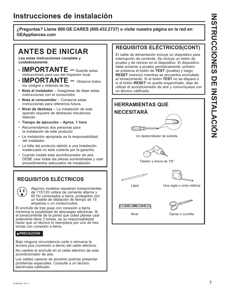 Importante, Requisitos eléctricos | GE 5,000 BTU Window Air Conditioner Owners Guide User Manual | Page 23 / 32