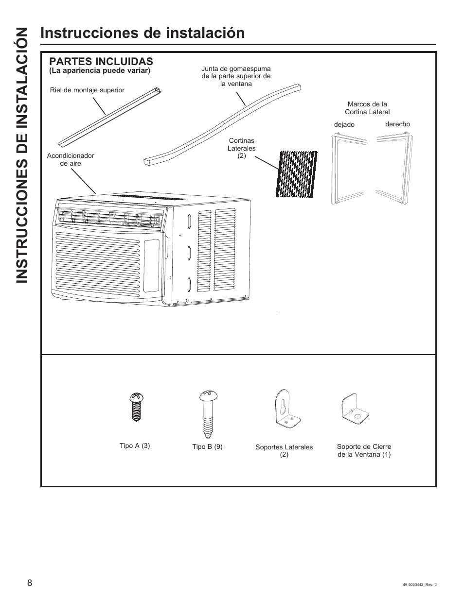 Instrucciones de instalación, Instrucciones de inst alación, Partes incluidas | GE 5,000 BTU Window Air Conditioner Owners Guide User Manual | Page 24 / 32