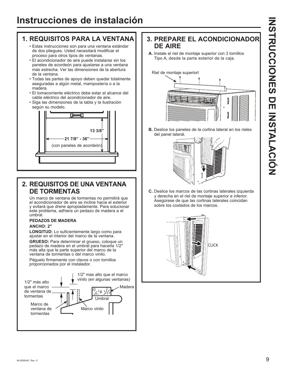 Instrucciones de instalación, Instrucciones de inst alación, De aire | Prepare el acondicionador, Requisitos para la ventana, Requisitos de una ventana de tormentas | GE 5,000 BTU Window Air Conditioner Owners Guide User Manual | Page 25 / 32