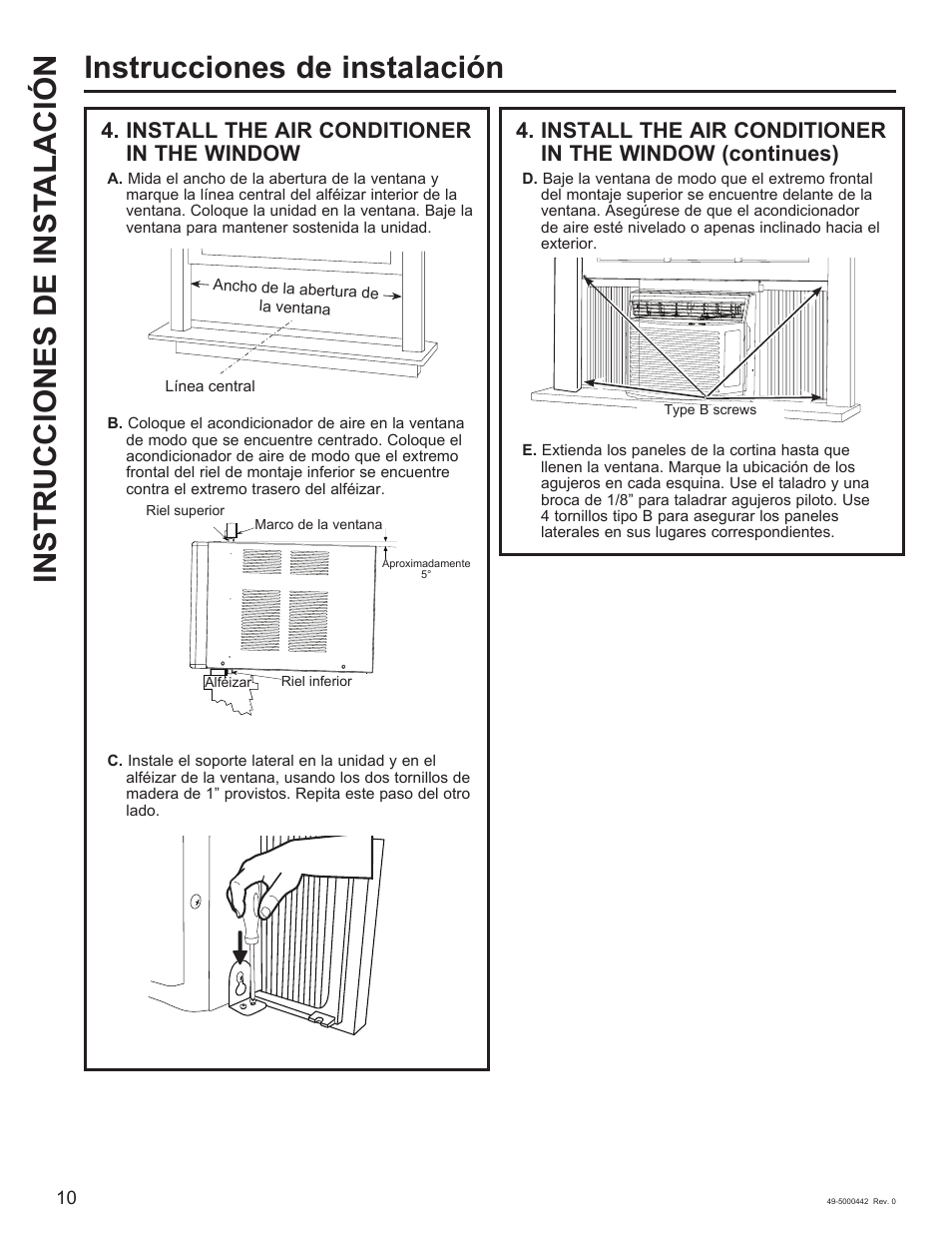 Instrucciones de instalación, Instrucciones de inst alación, Install the air conditioner in the window | GE 5,000 BTU Window Air Conditioner Owners Guide User Manual | Page 26 / 32