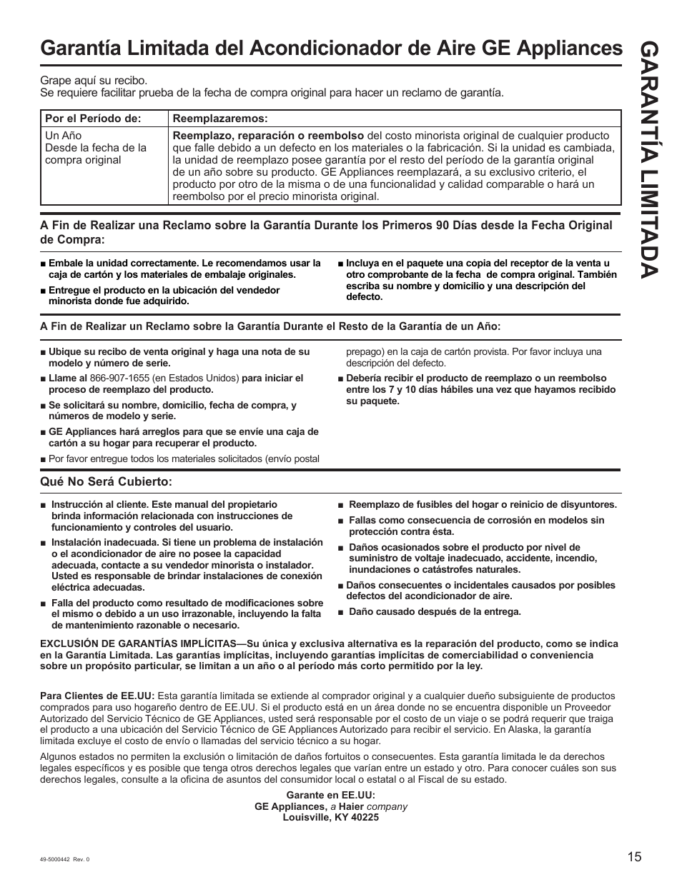 Garantía limit ada | GE 5,000 BTU Window Air Conditioner Owners Guide User Manual | Page 31 / 32