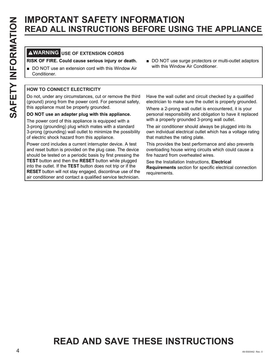 Safety informa tion important safety information, Read and save these instructions, Read all instructions before using the appliance | GE 5,000 BTU Window Air Conditioner Owners Guide User Manual | Page 4 / 32