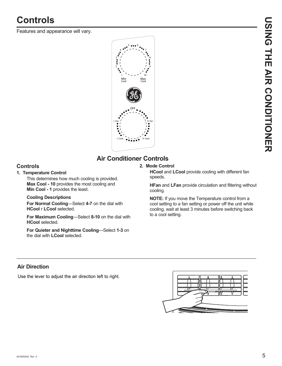 Controls, Using the air conditioner, Air conditioner controls | Air direction | GE 5,000 BTU Window Air Conditioner Owners Guide User Manual | Page 5 / 32