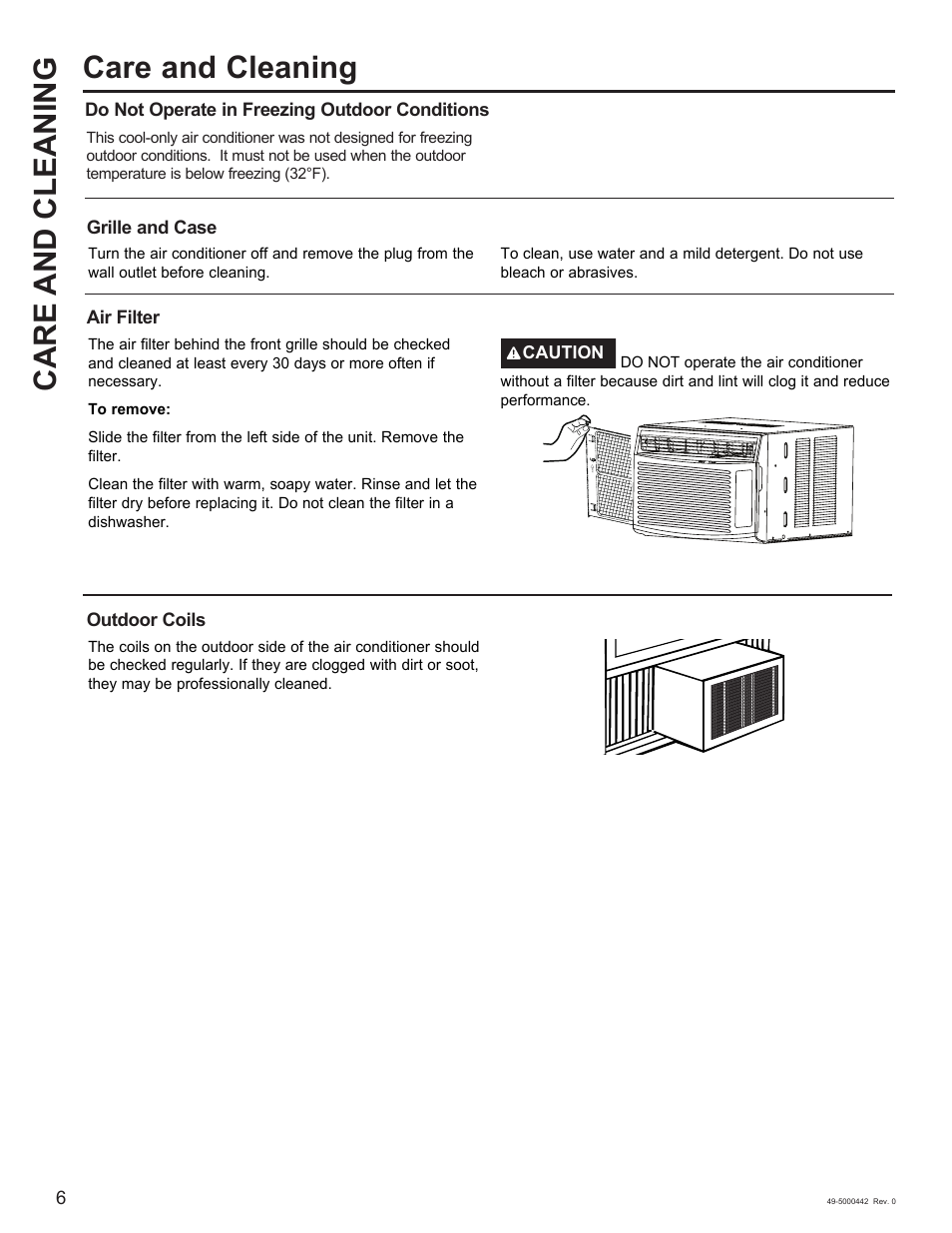 Care and cleaning | GE 5,000 BTU Window Air Conditioner Owners Guide User Manual | Page 6 / 32