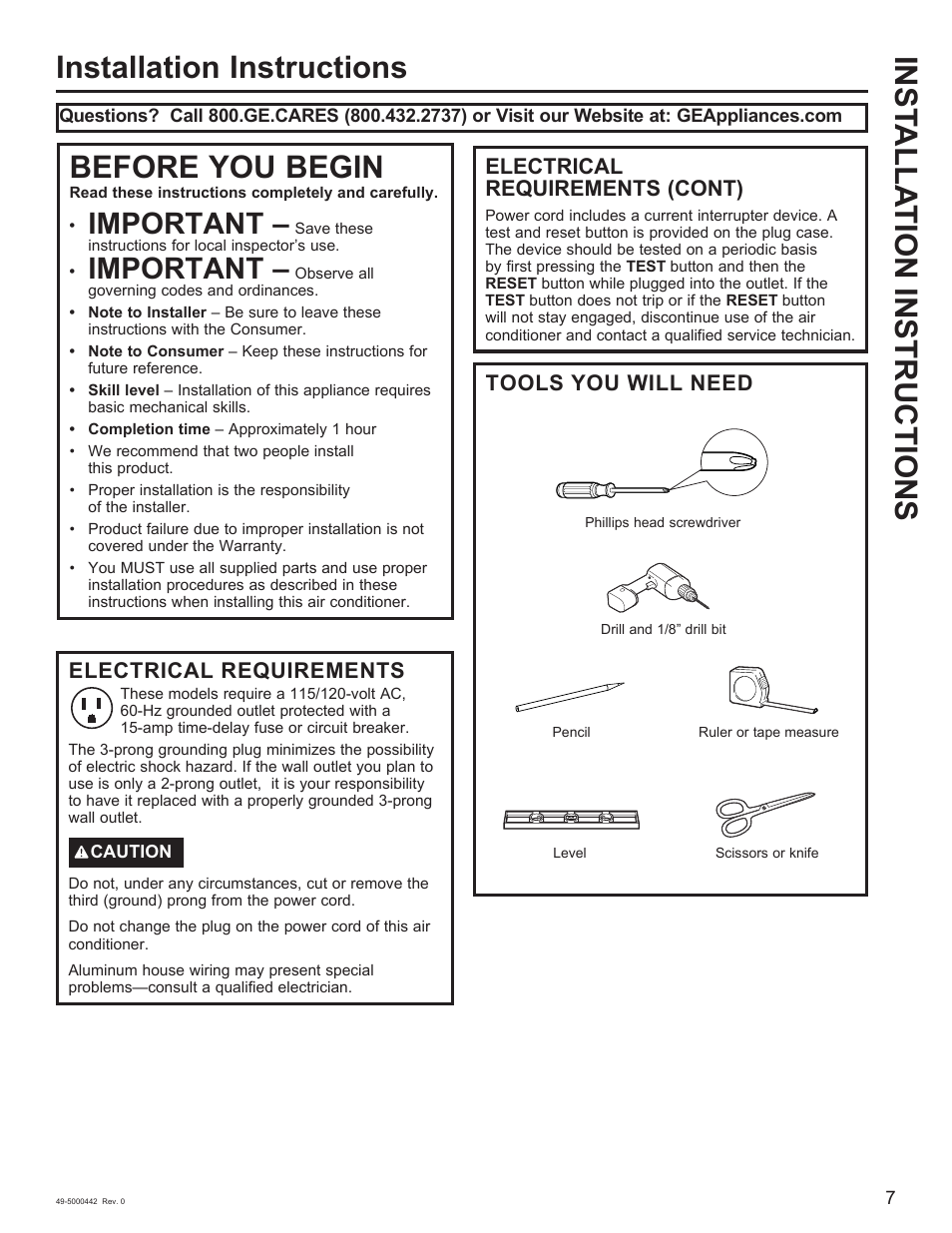 Before you begin, Important, Electrical requirements | Electrical requirements (cont), Tools you will need | GE 5,000 BTU Window Air Conditioner Owners Guide User Manual | Page 7 / 32