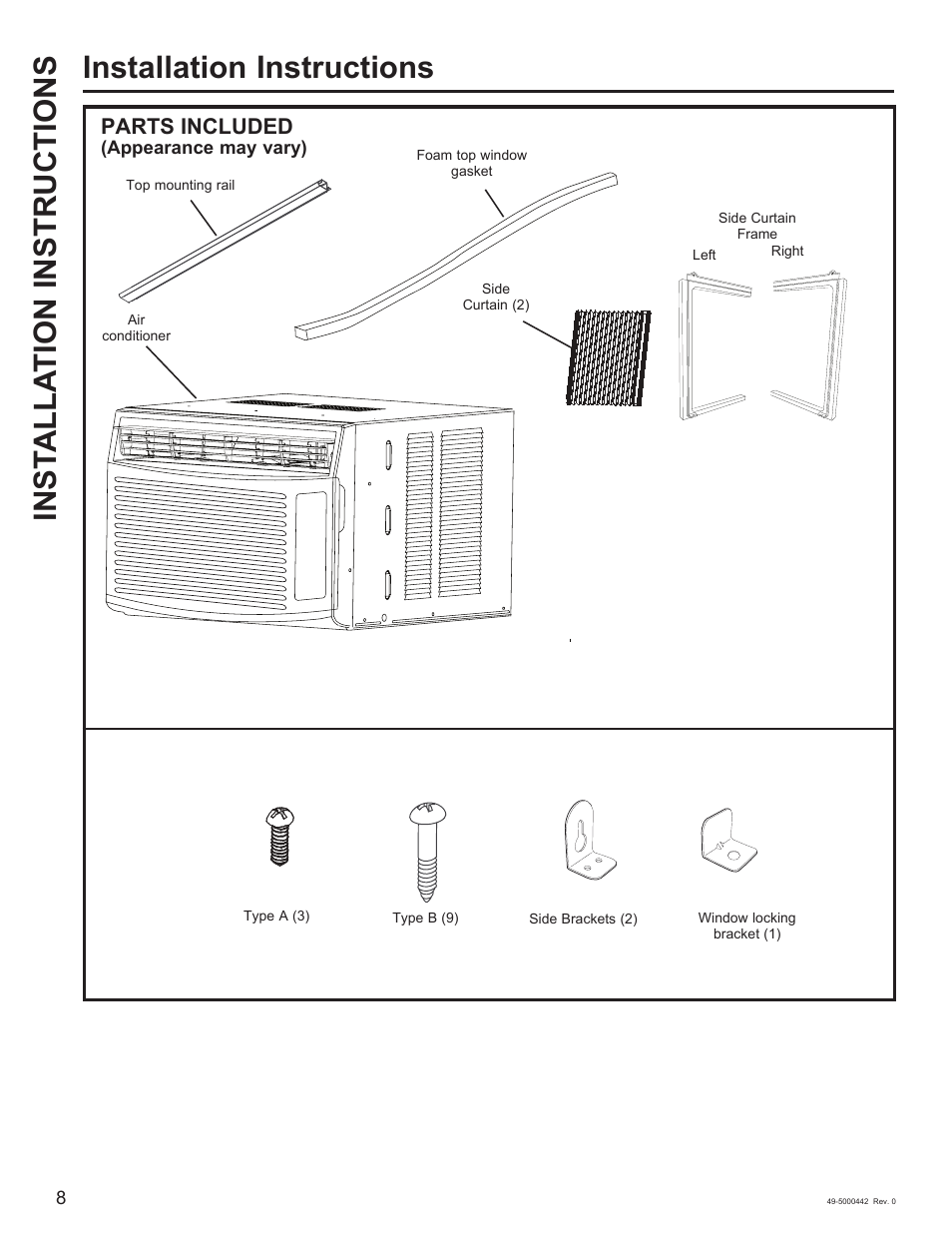 Installation instructions, Inst alla tion instructions, Parts included | GE 5,000 BTU Window Air Conditioner Owners Guide User Manual | Page 8 / 32
