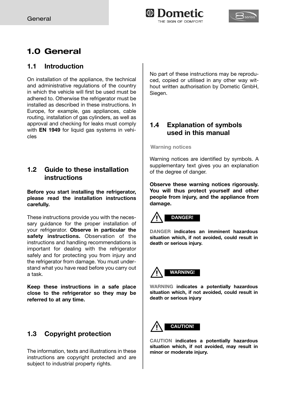 0 general, 1 introduction, 2 guide to these installation instructions | Dometic ABSORPTION RMD 8555 User Manual | Page 4 / 24