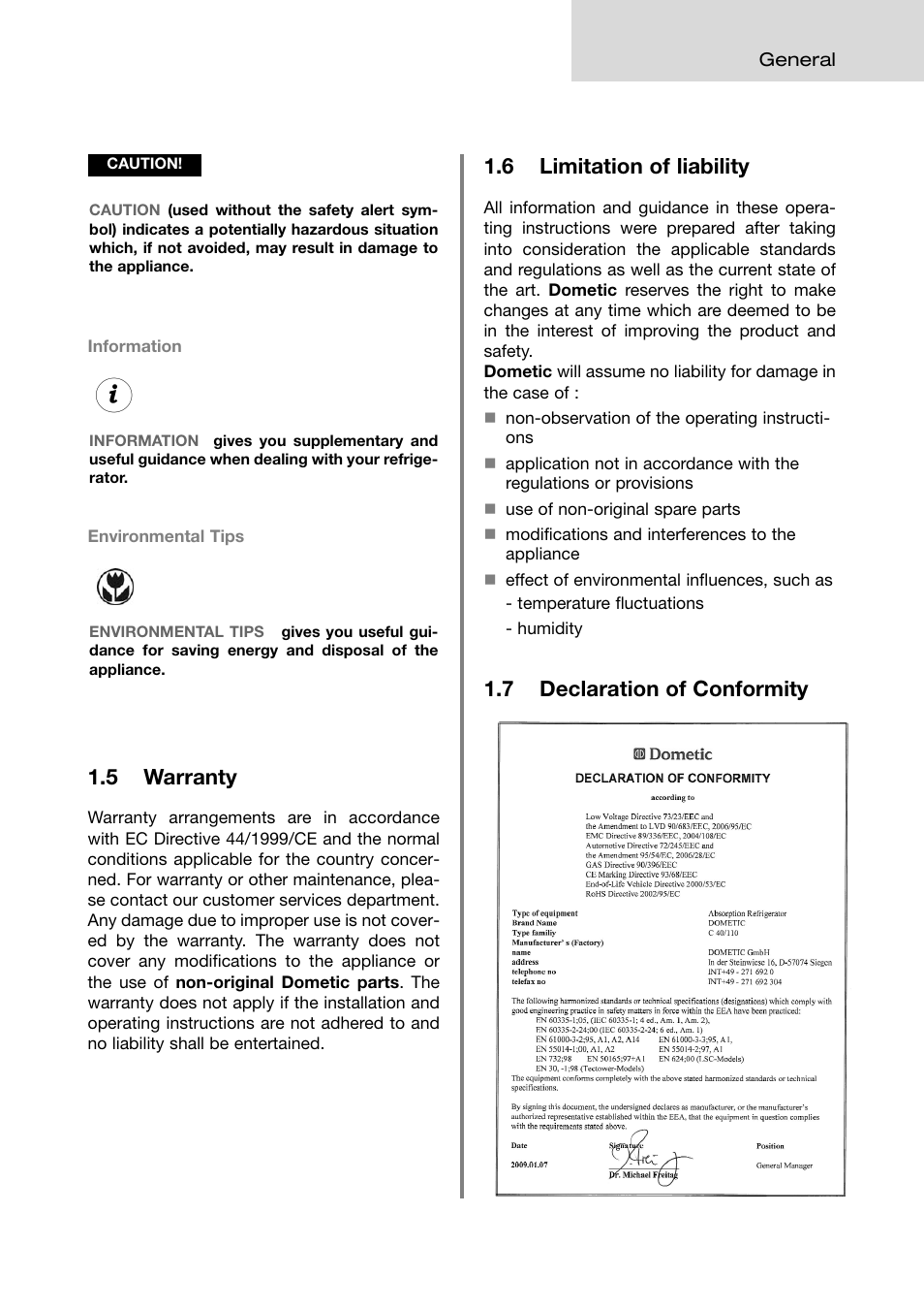 7 declaration of conformity, 5 warranty, 6 limitation of liability | Dometic ABSORPTION RMD 8555 User Manual | Page 5 / 24