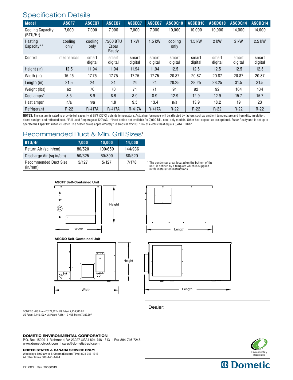 Specification details, Recommended duct & min. grill sizes | Dometic 7 User Manual | Page 2 / 2