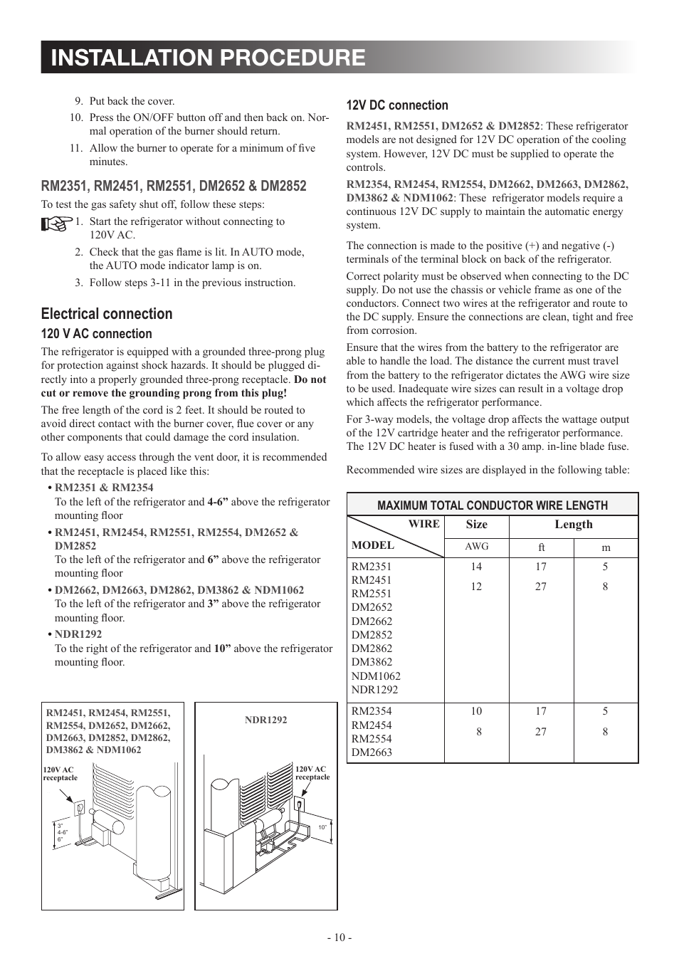 Installation procedure, Electrical connection | Dometic DM2862 User Manual | Page 10 / 40