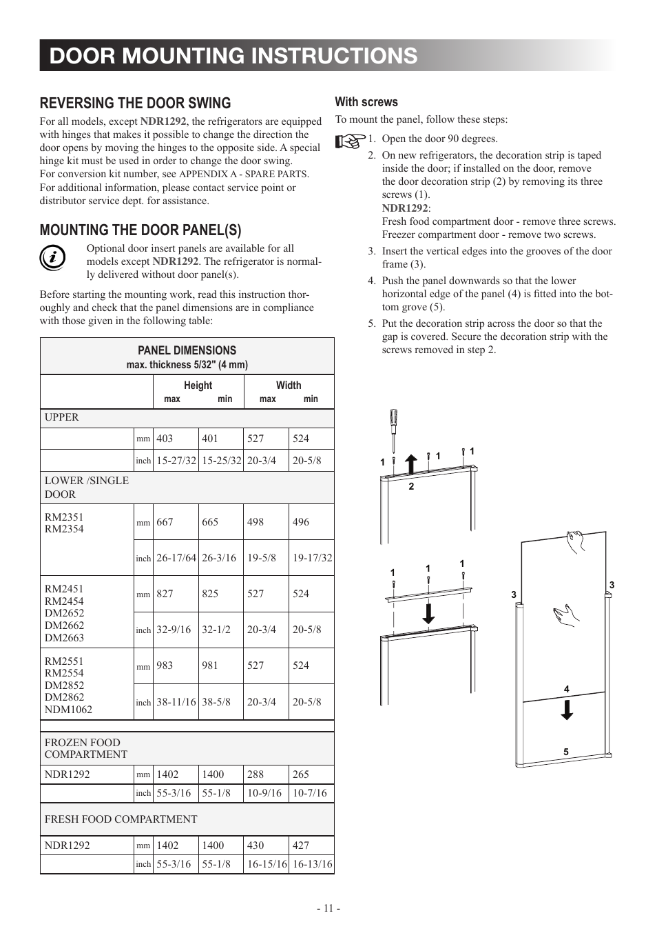 Door mounting instructions, Reversing the door swing, Mounting the door panel(s) | Dometic DM2862 User Manual | Page 11 / 40