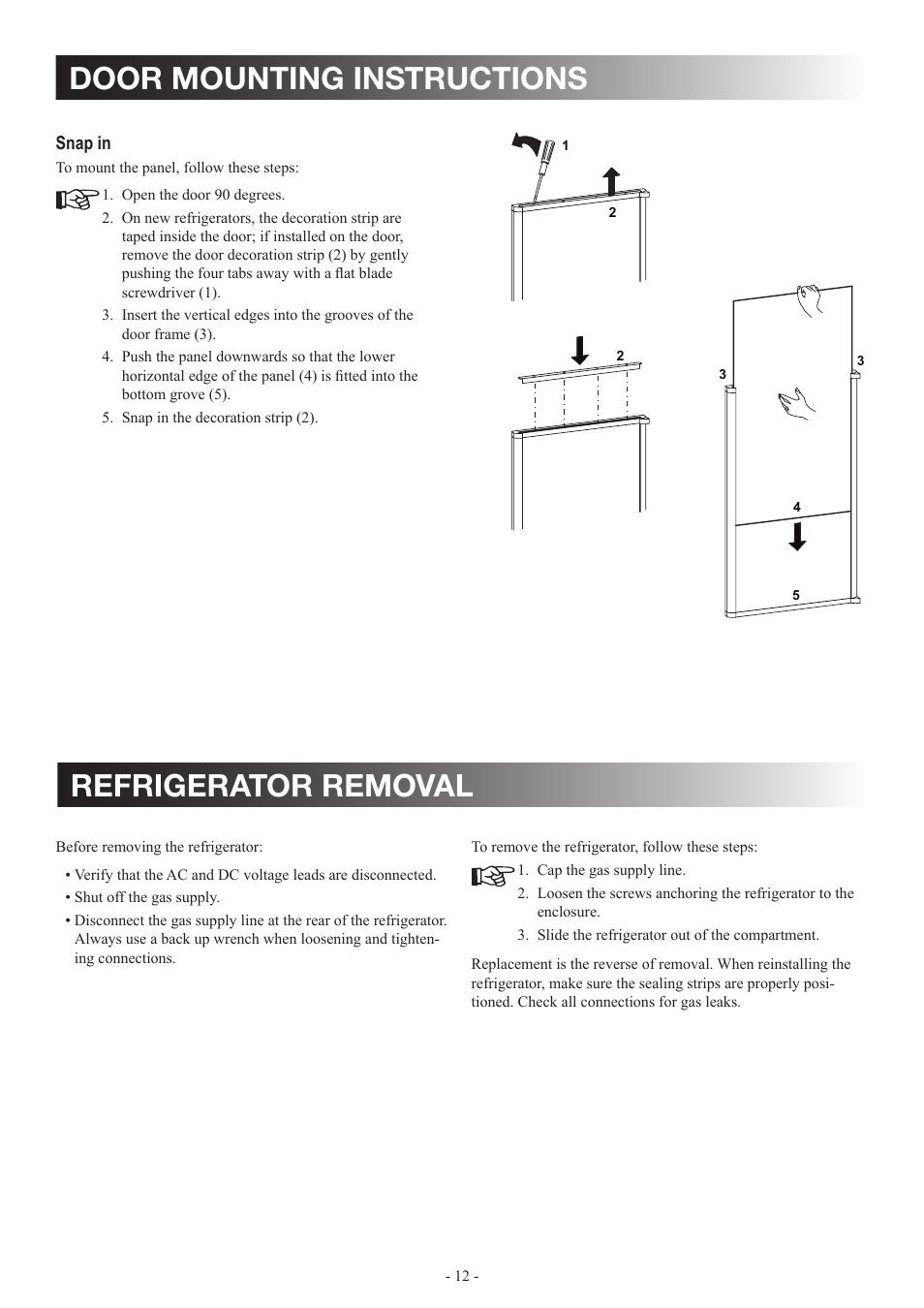 Door mounting instructions refrigerator removal | Dometic DM2862 User Manual | Page 12 / 40