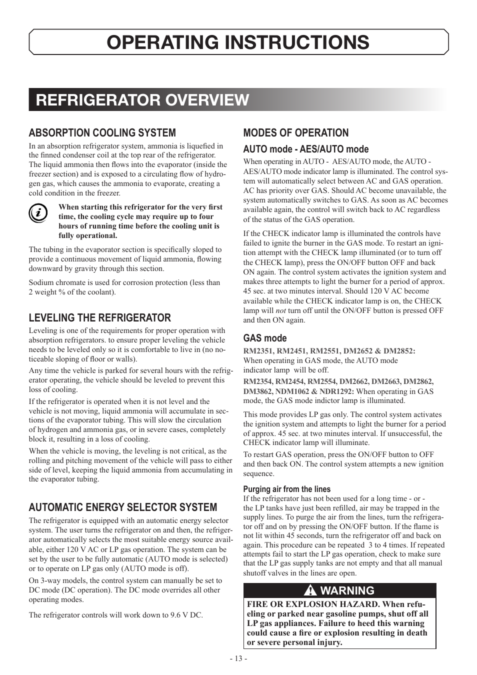 Operating instructions, Refrigerator overview, Absorption cooling system | Leveling the refrigerator, Automatic energy selector system, Modes of operation, Warning | Dometic DM2862 User Manual | Page 13 / 40