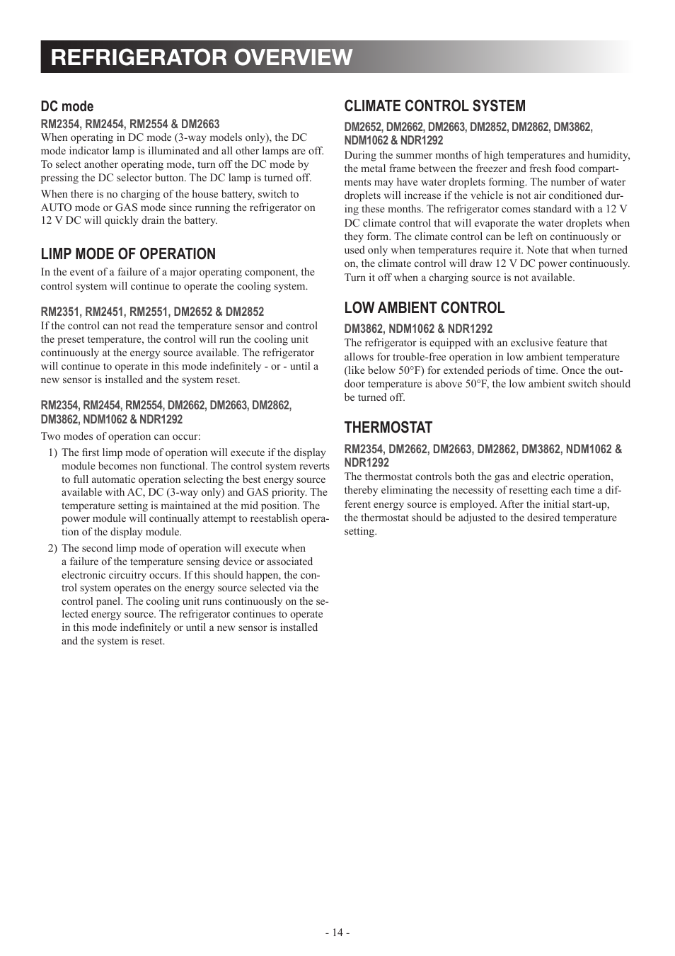 Refrigerator overview, Limp mode of operation, Climate control system | Low ambient control, Thermostat | Dometic DM2862 User Manual | Page 14 / 40