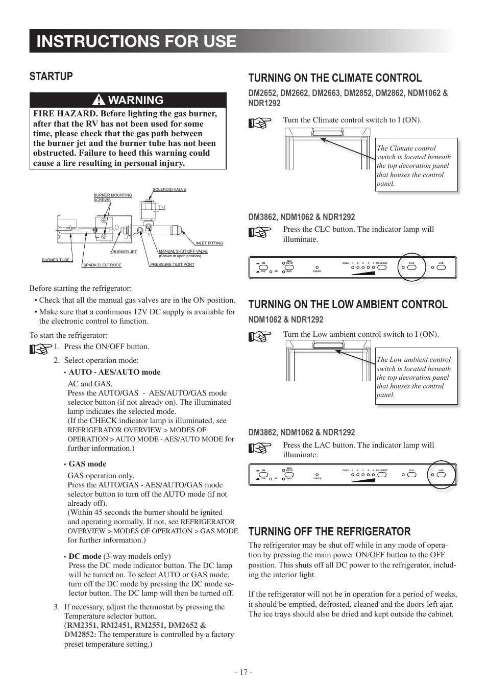 Instructions for use, Turning on the climate control, Turning on the low ambient control | Turning off the refrigerator, Startup, Warning | Dometic DM2862 User Manual | Page 17 / 40