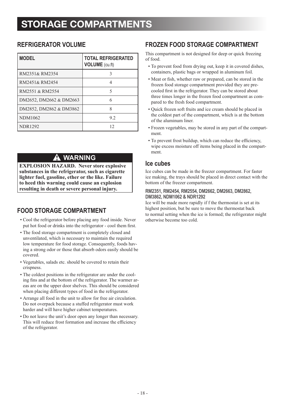 Storage compartments, Refrigerator volume, Food storage compartment | Frozen food storage compartment, Ice cubes, Warning | Dometic DM2862 User Manual | Page 18 / 40