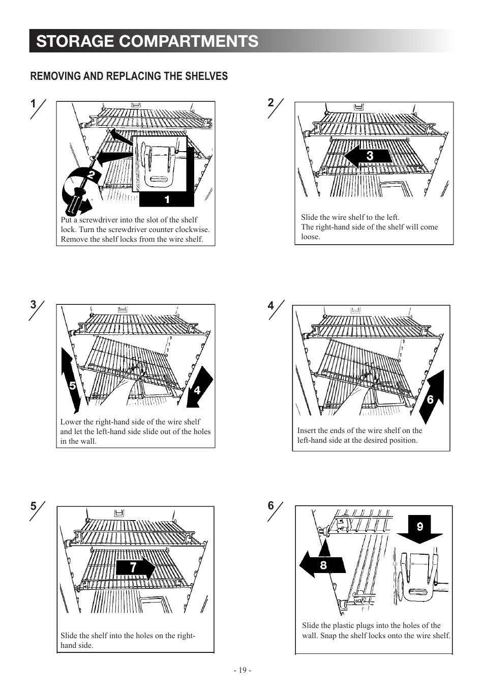 Storage compartments, 6removing and replacing the shelves | Dometic DM2862 User Manual | Page 19 / 40