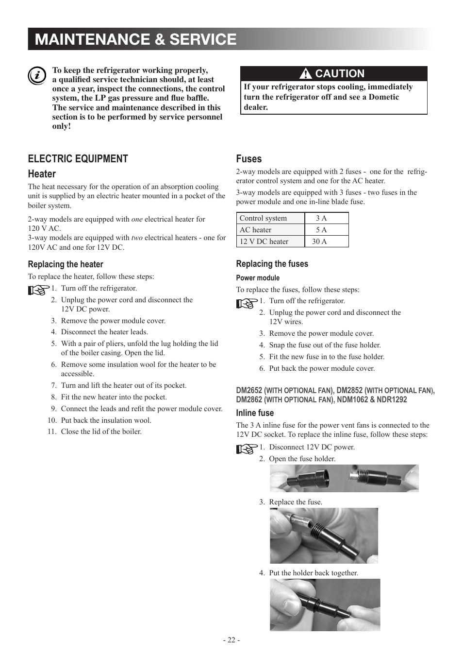Maintenance & service, Electric equipment heater, Fuses | Caution | Dometic DM2862 User Manual | Page 22 / 40