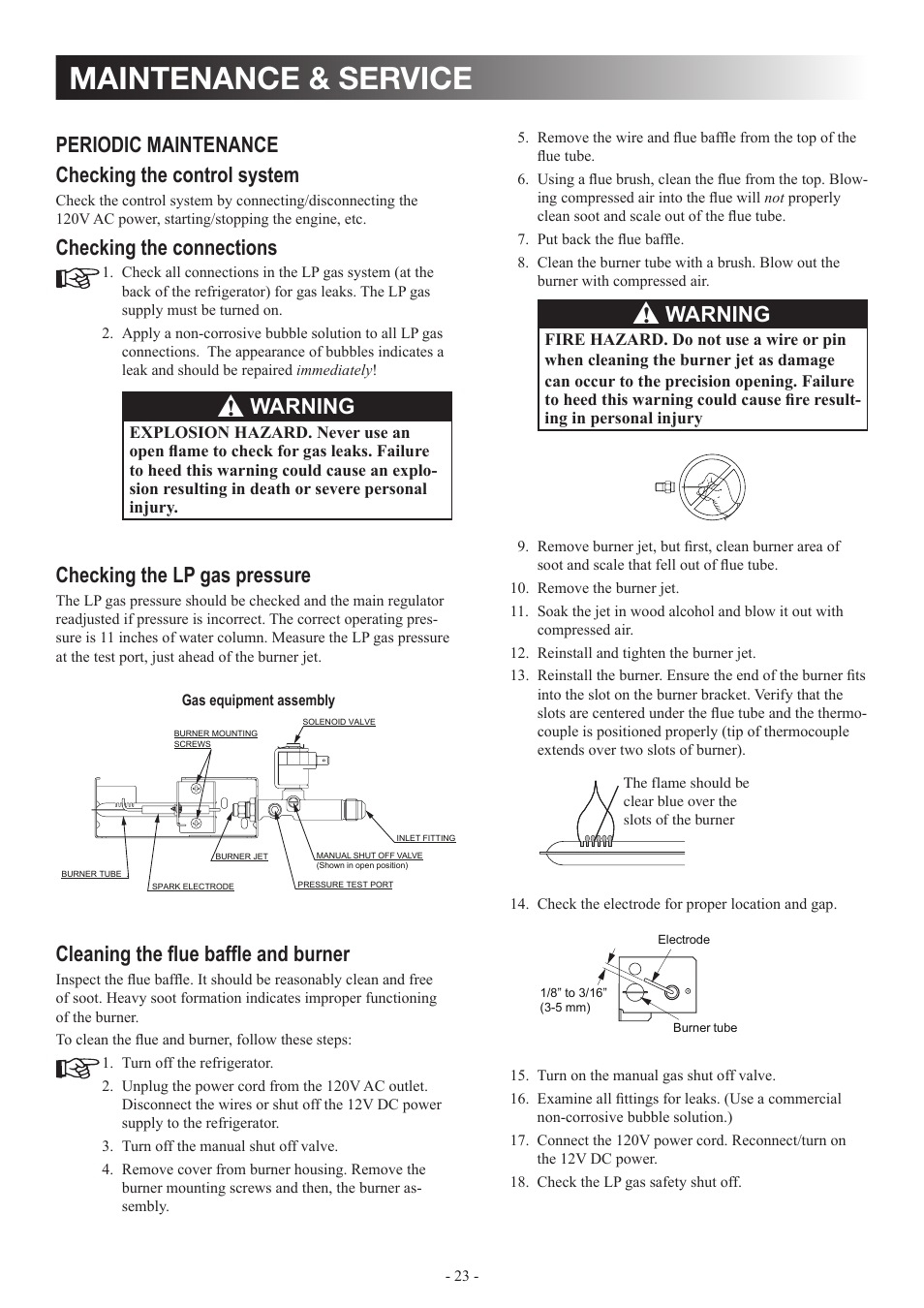 Maintenance & service, Periodic maintenance checking the control system, Checking the connections | Checking the lp gas pressure, Cleaning the flue baffle and burner, Warning | Dometic DM2862 User Manual | Page 23 / 40