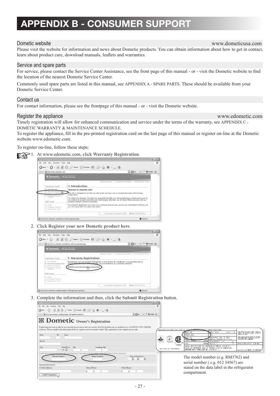Appendix b - consumer support | Dometic DM2862 User Manual | Page 27 / 40