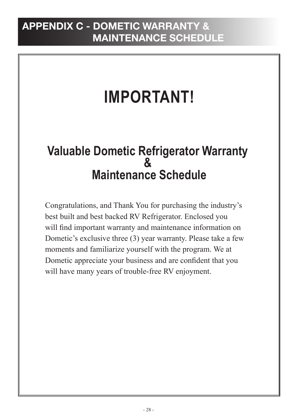 Important | Dometic DM2862 User Manual | Page 28 / 40