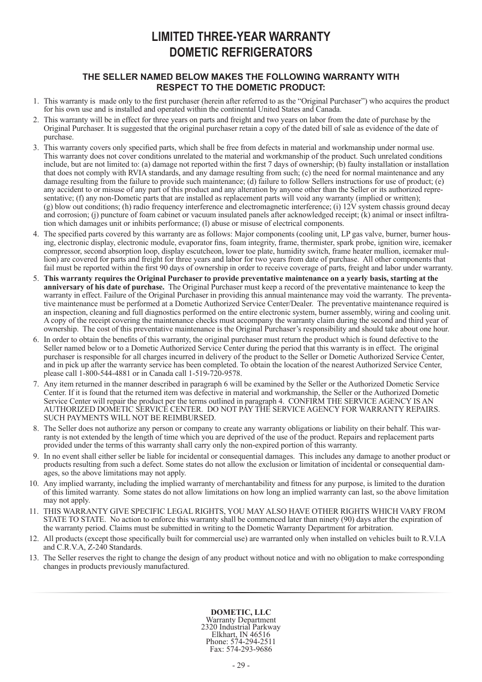Limited three-year warranty dometic refrigerators | Dometic DM2862 User Manual | Page 29 / 40