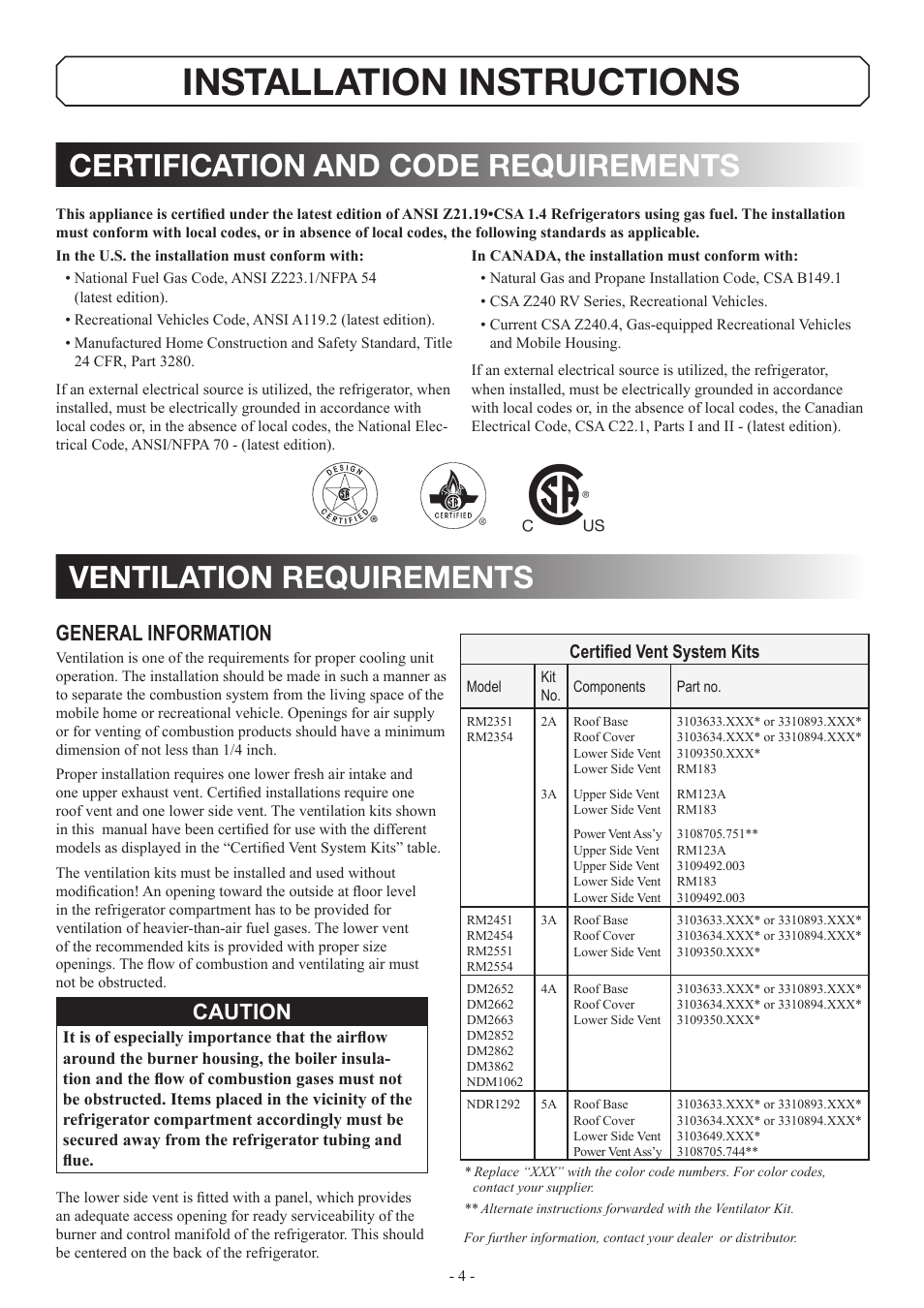 Installation instructions, General information, Caution | Certified vent system kits | Dometic DM2862 User Manual | Page 4 / 40