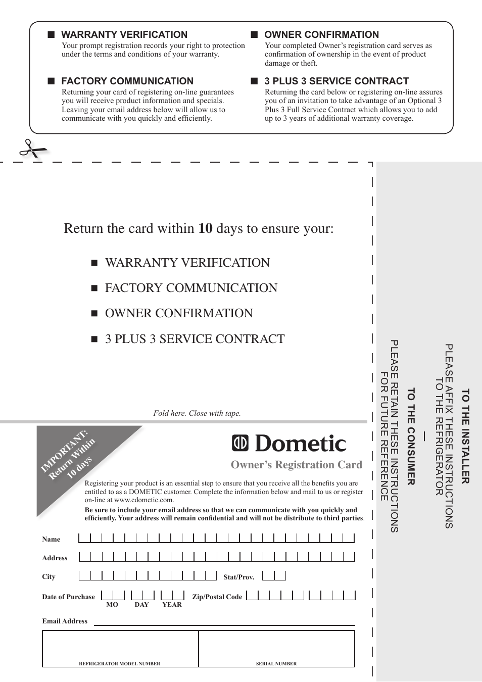 Return the card within 10 days to ensure your | Dometic DM2862 User Manual | Page 40 / 40