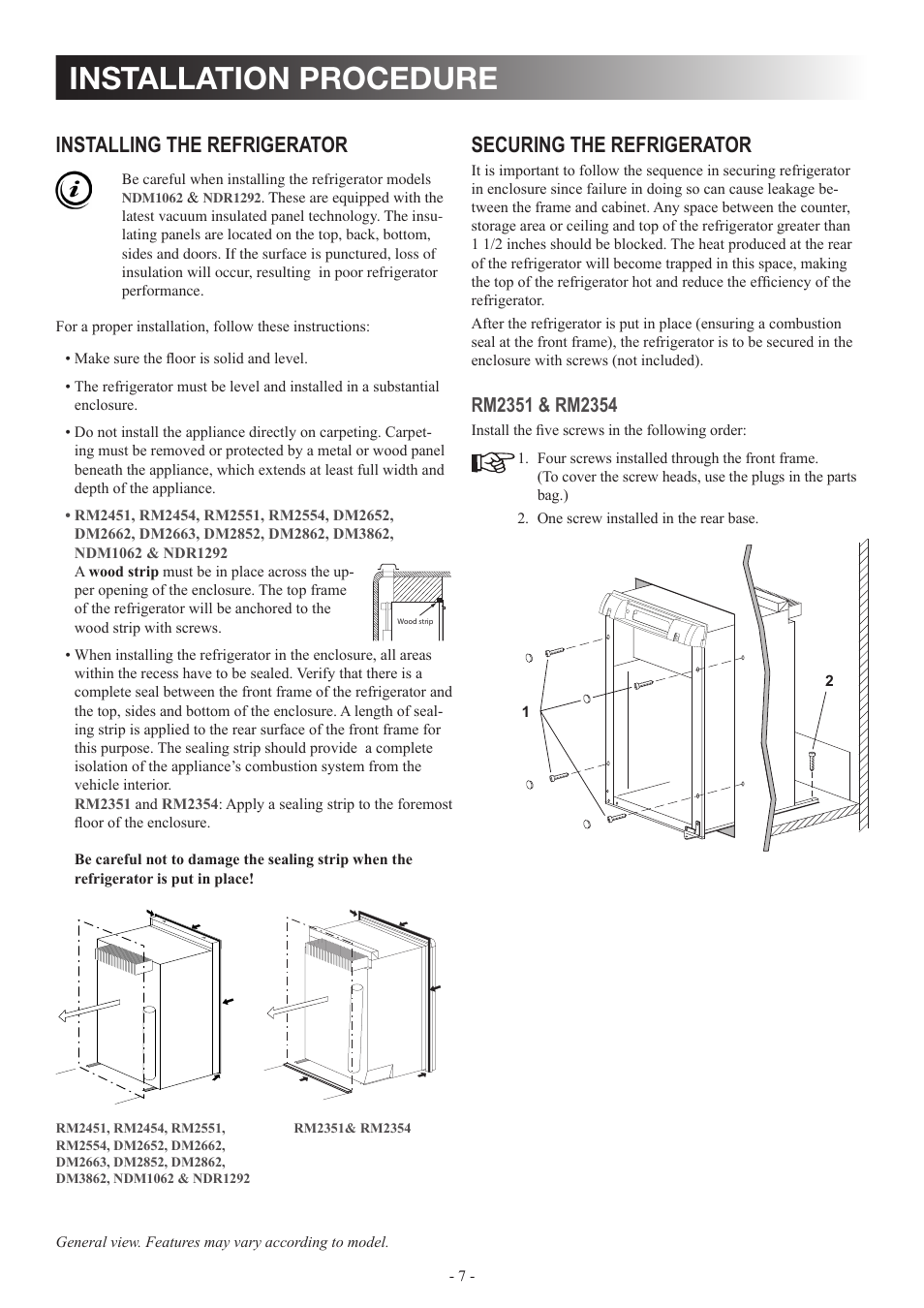 Installation procedure, Installing the refrigerator, Securing the refrigerator | Dometic DM2862 User Manual | Page 7 / 40