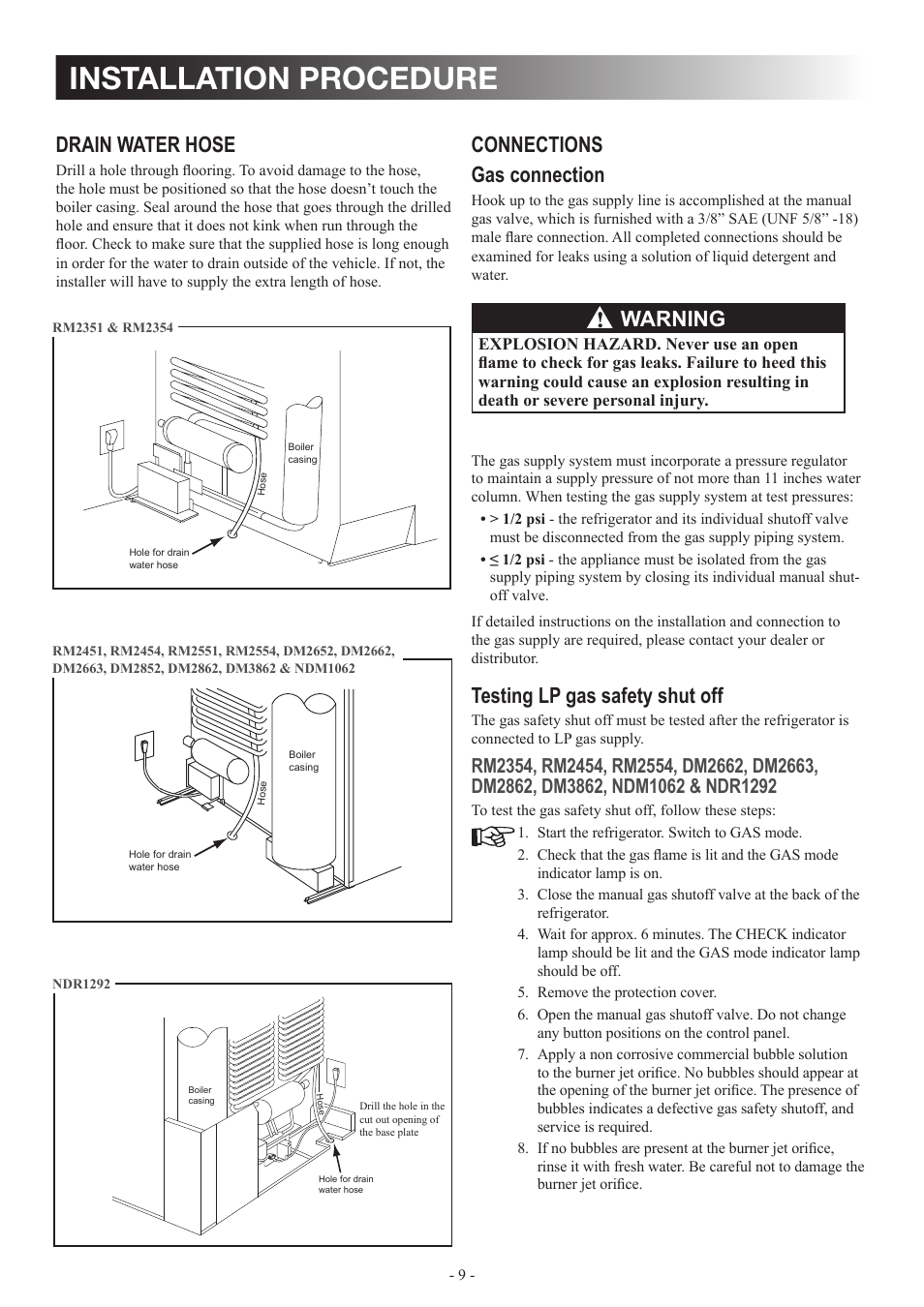 Installation procedure, Connections gas connection, Testing lp gas safety shut off | Drain water hose, Warning | Dometic DM2862 User Manual | Page 9 / 40