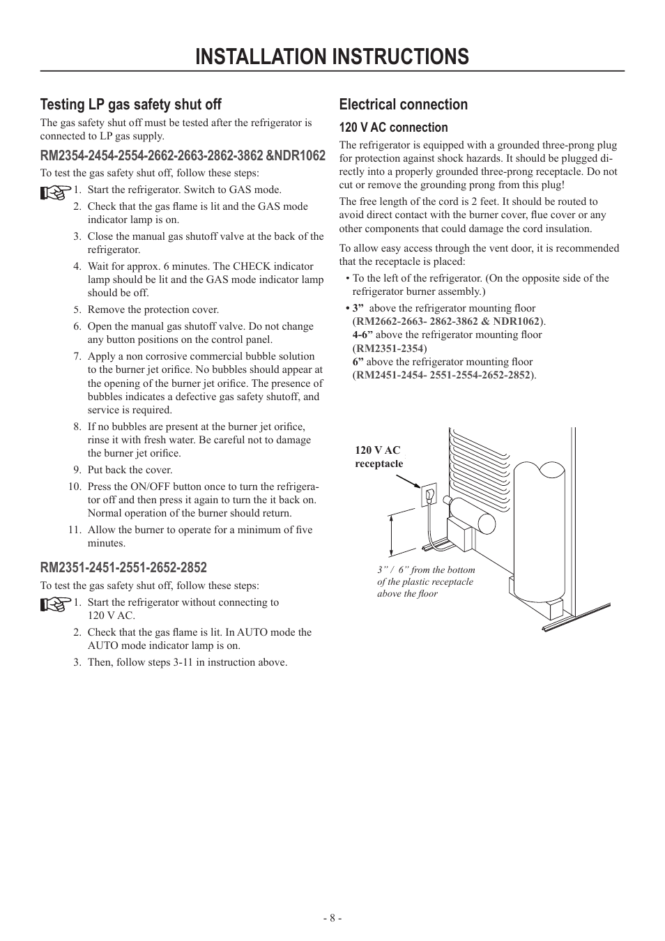 Installation instructions, Testing lp gas safety shut off, Electrical connection | Dometic RM2852 User Manual | Page 8 / 16