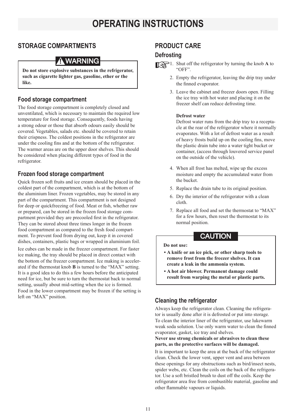 Operating instructions, Storage compartments, Product care | Warning, Caution | Dometic RM2553 User Manual | Page 11 / 16