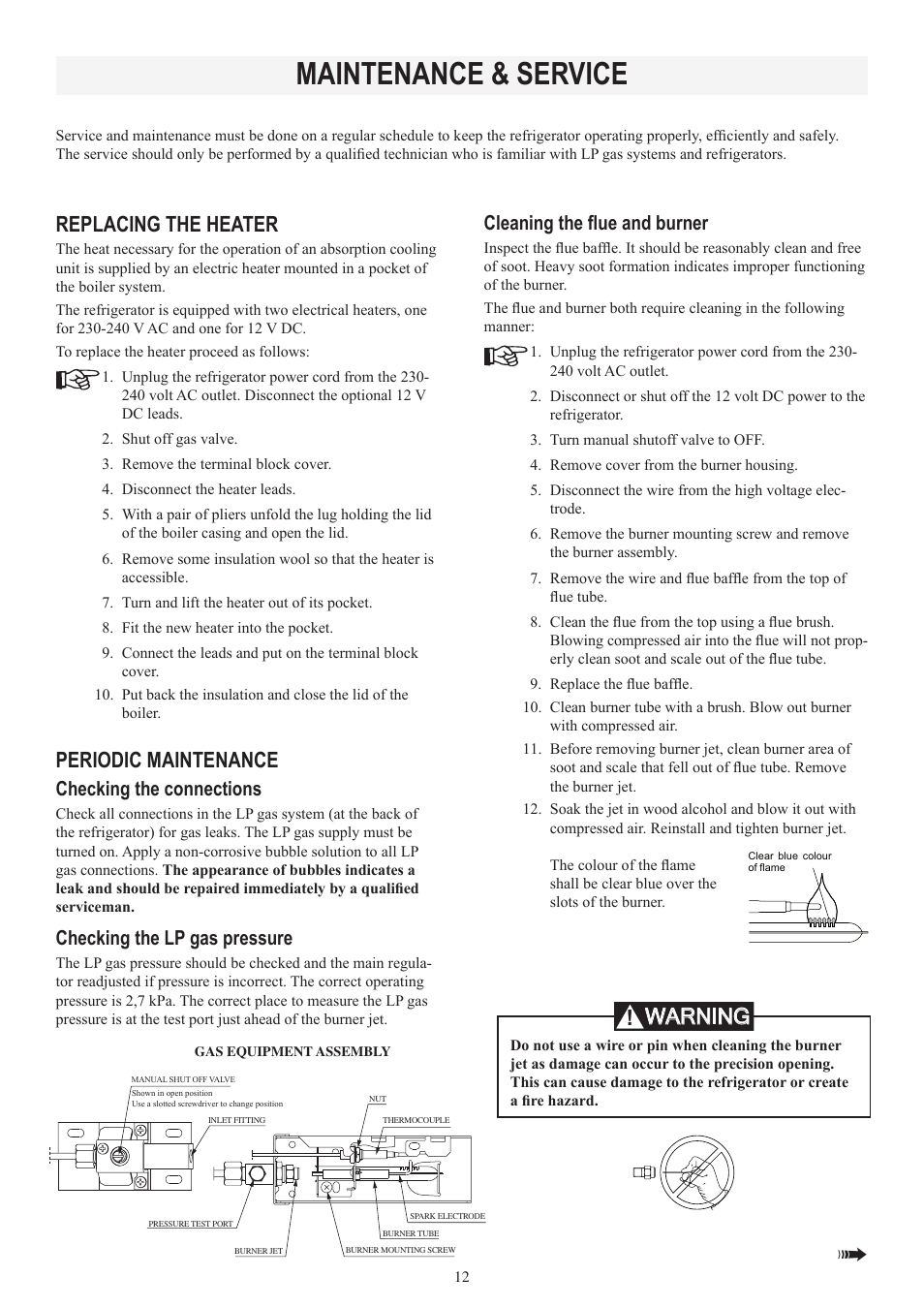 Maintenance & service, Replacing the heater, Periodic maintenance | Warning, Checking the connections, Checking the lp gas pressure, Cleaning the flue and burner | Dometic RM2553 User Manual | Page 12 / 16