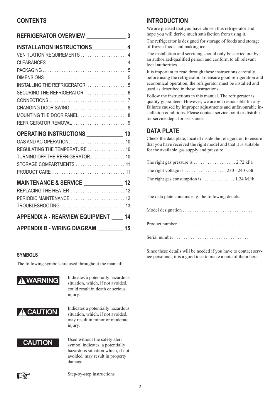 Contents introduction, Data plate, Caution ! warning ! caution | Dometic RM2553 User Manual | Page 2 / 16