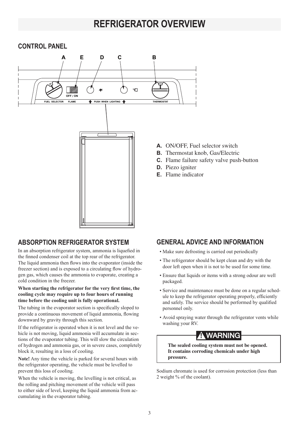Refrigerator overview, Absorption refrigerator system, Control panel general advice and information | Warning, A. b. c. d. e, Ba c d e | Dometic RM2553 User Manual | Page 3 / 16
