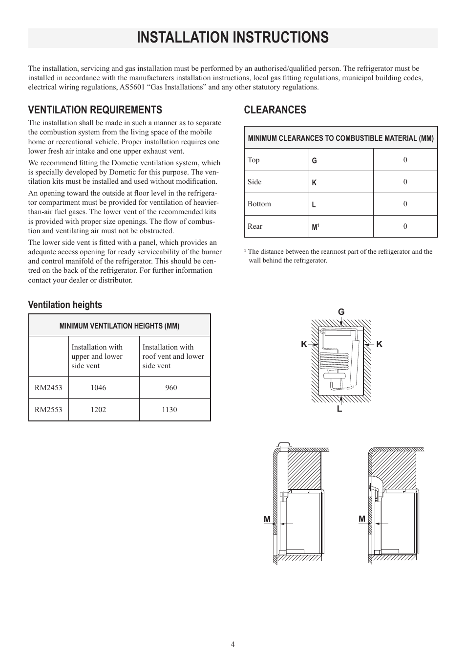 Installation instructions, Ventilation requirements, Clearances | Ventilation heights | Dometic RM2553 User Manual | Page 4 / 16