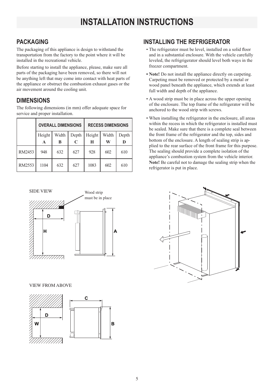 Installation instructions, Installing the refrigerator, Packaging | Dimensions | Dometic RM2553 User Manual | Page 5 / 16