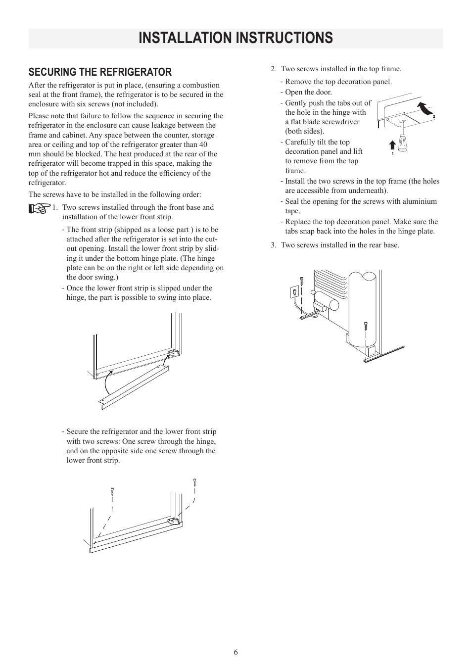 Installation instructions, Securing the refrigerator | Dometic RM2553 User Manual | Page 6 / 16