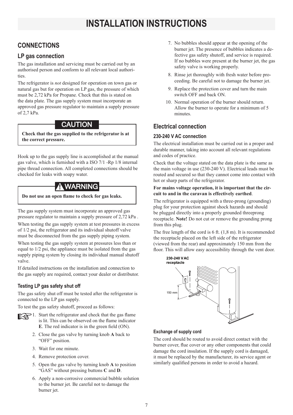 Installation instructions, Caution connections, Warning | Lp gas connection, Electrical connection | Dometic RM2553 User Manual | Page 7 / 16