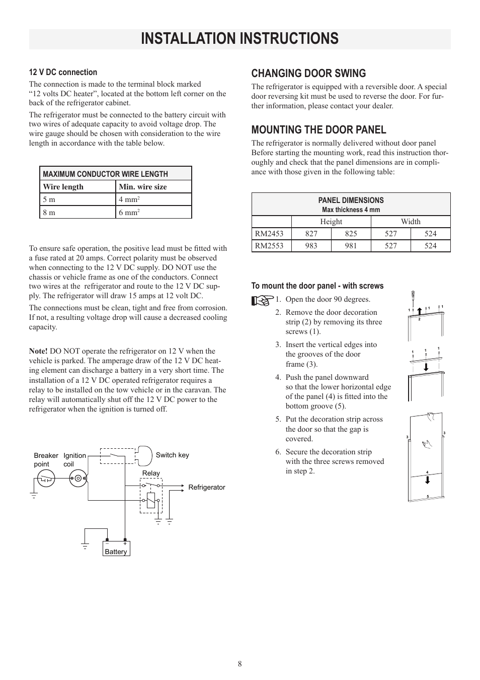 Installation instructions, Changing door swing, Mounting the door panel | Dometic RM2553 User Manual | Page 8 / 16