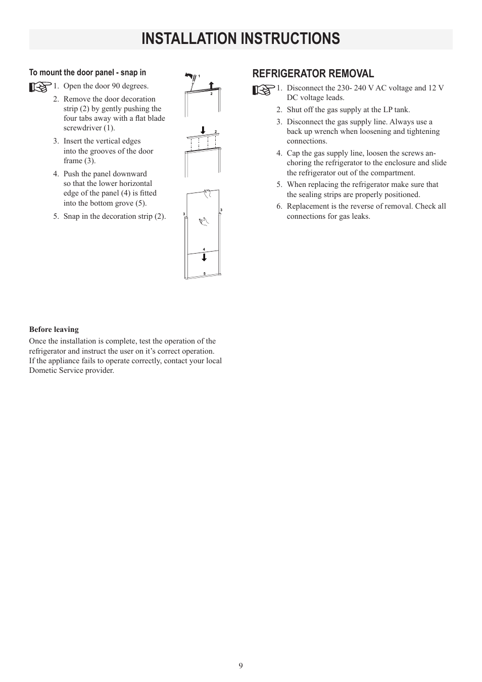Installation instructions, Refrigerator removal | Dometic RM2553 User Manual | Page 9 / 16