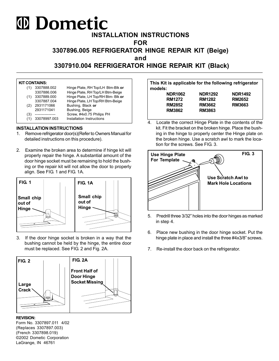 Dometic RM1272 User Manual | 1 page