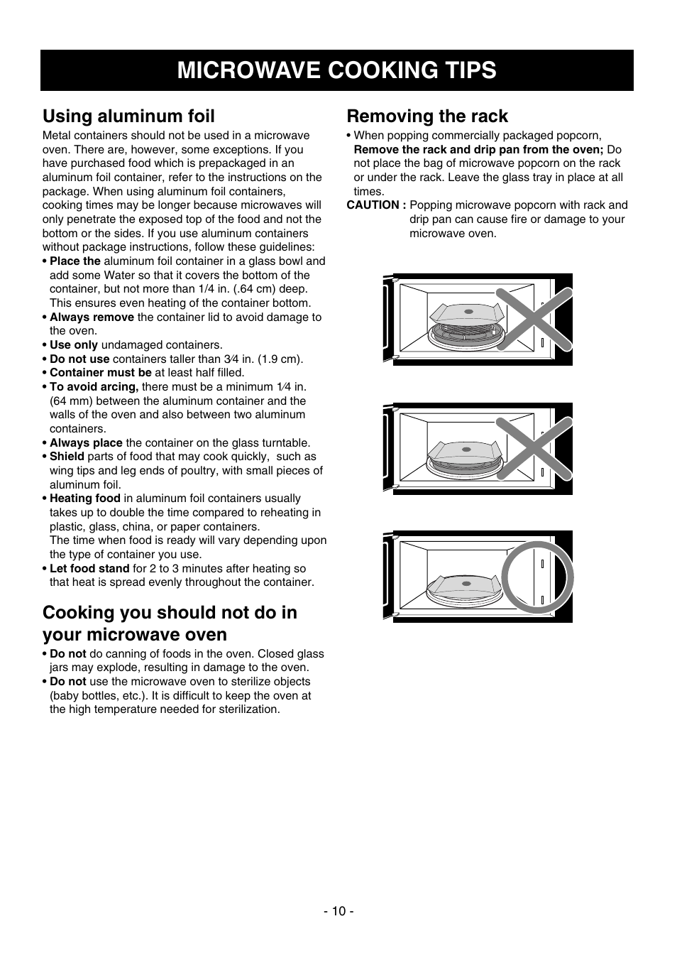 Microwave cooking tips, Using aluminum foil, Cooking you should not do in your microwave oven | Removing the rack | Dometic DOTRC17SSC User Manual | Page 10 / 44