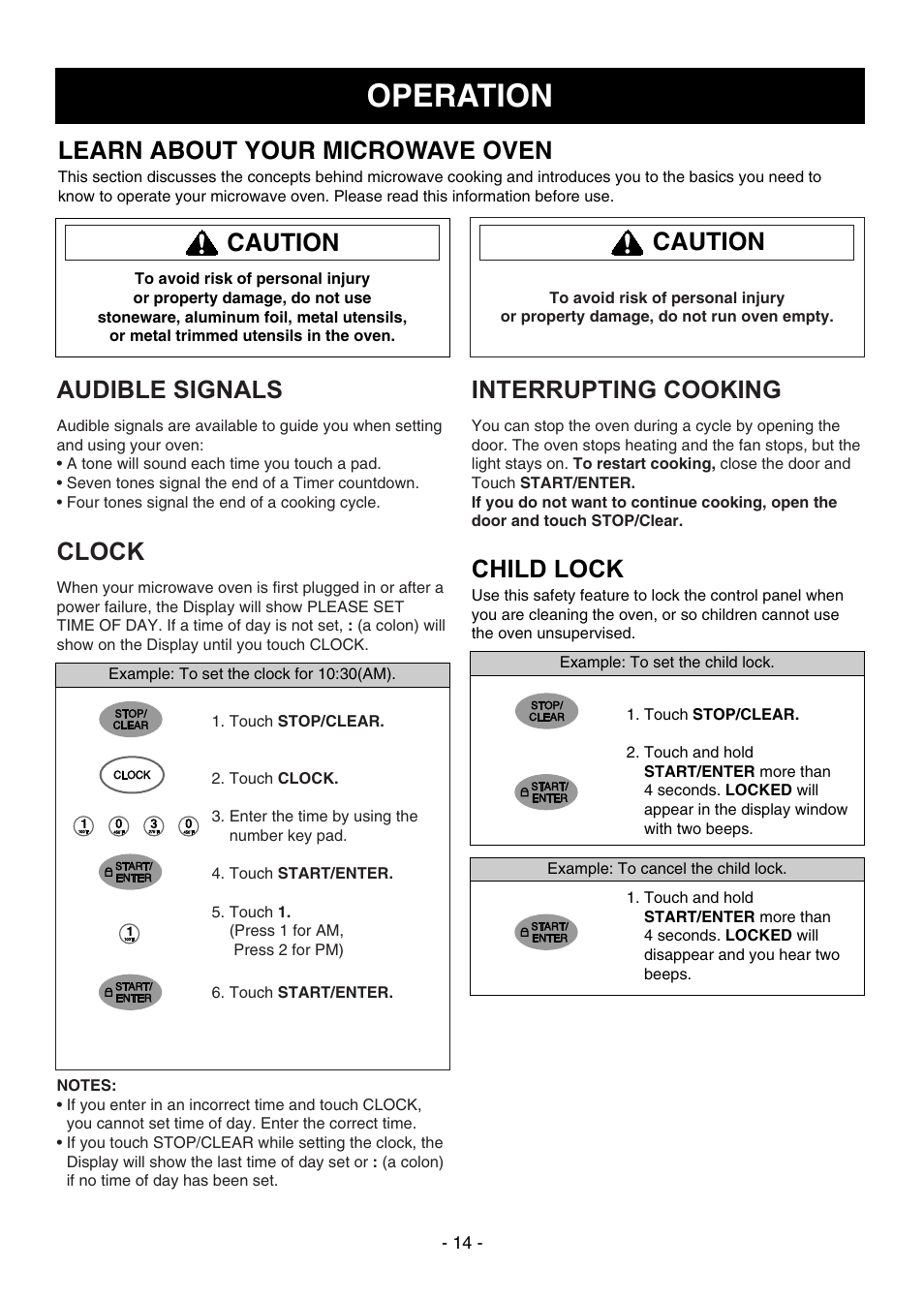 Operation, Learn about your microwave oven, Caution | Caution clock, Audible signals, Interrupting cooking, Child lock | Dometic DOTRC17SSC User Manual | Page 14 / 44
