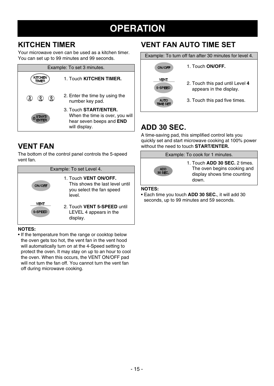 Operation, Kitchen timer, Vent fan auto time set | Add 30 sec, Vent fan | Dometic DOTRC17SSC User Manual | Page 15 / 44