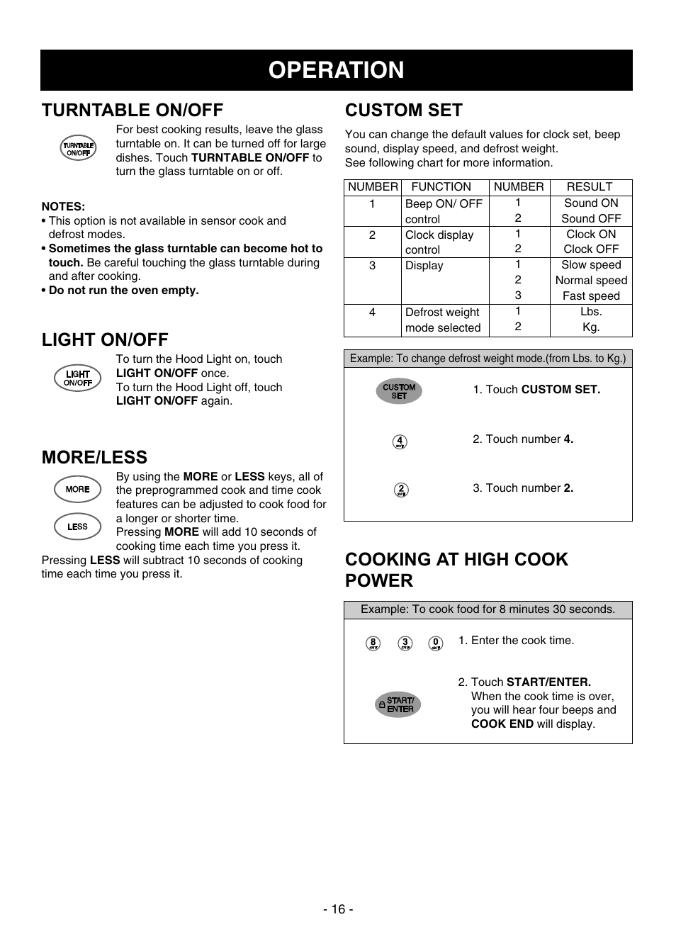 Operation, Turntable on/off, Light on/off | More/less, Custom set, Cooking at high cook power | Dometic DOTRC17SSC User Manual | Page 16 / 44